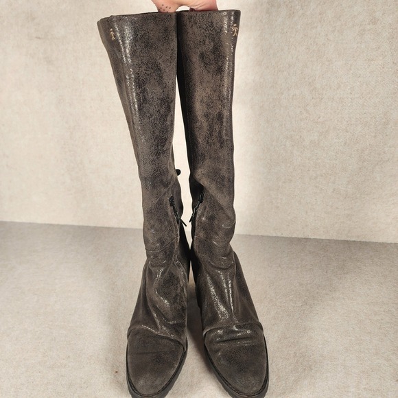 Henry Beguelin Knee High Buckle Accent Boots Metallic Brown Heeled Shoes 38.5/ 8 - Picture 8 of 12